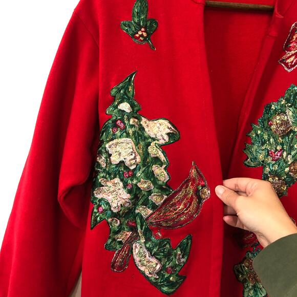 VTG 90s Girardin Christmas Cardinal Sweatshirt Cardigan L Glitter Appliqué USA - Picture 3 of 13